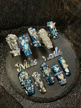 10pcs Long Square Nail Set, Handmade Nail ArtStickers,3D Three-Dimensional Nail Rhinestone Steel Ball Accessories, Colorful Shiny Nail Gems, Metal&Red&Blue&Green Blue French Tip Nails Y2k Style Wearable NailArt Set 3D Water Droplet Design Suitable For Women To WearDaily Parties (With: A Piece Of JellyGlue And A Friction Strip) Nail SuppliesNails