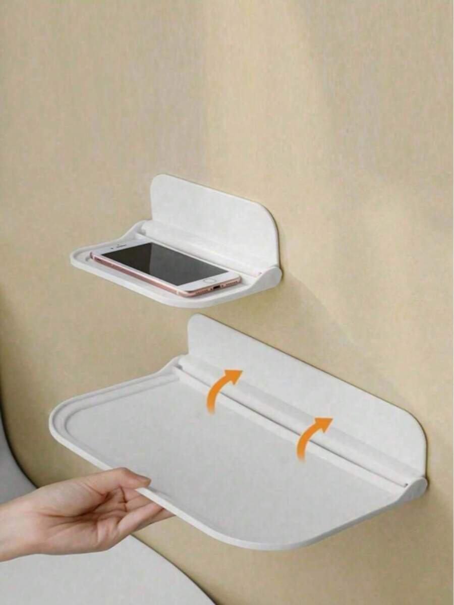 1pc Foldable Wall Mount Shelf, Bathroom Storage Rack, Bathroom Toilet Bedside Phone Holder, No Drill Dorm Storage Rack, WiFi Router Holder Bathroom - White - View 1