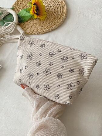 Beige Cute Flower Pattern Corduroy Makeup Bag Clutch Bag Cosmetic Bag Fabric Comfortable Large Capacity Durable Portable Travel Storage Bag With Zipper Wash Bag Dormitory Essential Toiletry Bag For Makeup Tools Girl's Gift