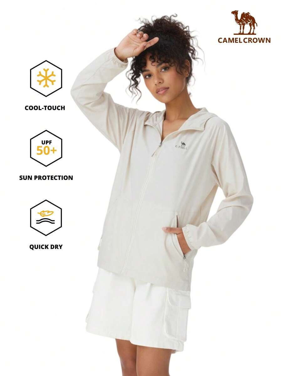 CAMEL CROWN 女士 UPF 50+ 防晒 UV 夹克，全拉链轻便连帽运动卫衣 - 橡木灰 - 查看 1