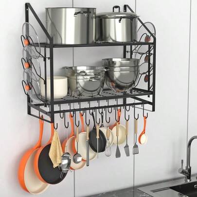 28 Inch Pot Rack Wall Mounted 2 Tier Pots And Pans Organizer With 20 Hooks And 6 Pot Lid Holders Heavy Duty Steel Pot And Pan Hanger For Kitchen Cookware Utensils Storage 34.7 Lx13 Wx26.4 H
