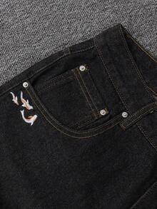 Pocket Embroidery Loose Fit Jeans Loose Wide Leg Jeans With Fish Embroidery Design Personalized Embroidery Jeans With Character Design Street Hip-Hop Rock Jeans Suitable As A Gift For Boyfriend, Husband On Holidays - Black - View 5