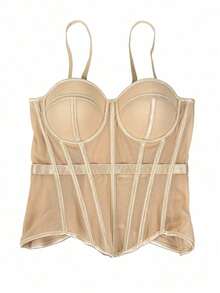 Women's Solid Color Corset-Style Brown Backless Mesh Camisole With Bra, Autumn/Winter Lingerie Casual Black - 杏色 - 查看 5