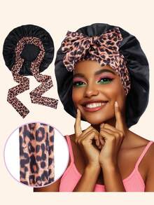 1pc Luxurious Rose Pink Leopard Print Design Satin Silk Bonnet With Adjustable Ties - Lightweight Hair Care Bonnet For All-Night Comfort, Perfect For Long Curly Or Braided Hair - Premium Bathroom Accessory, Stylish And Comfortable, Unisex Nighttime Hair Care - Multicolor - View 2
