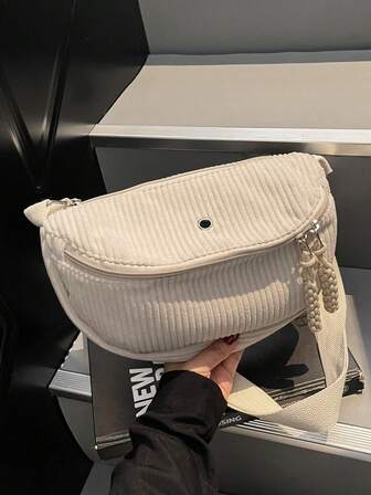 Bolso de pecho de pana beige, bolso de uso diario para jóvenes, bolso cruzado casual y retro de uso múltiple, con cremallera tejida y detalles exquisitos, adecuado para el uso diario y salidas