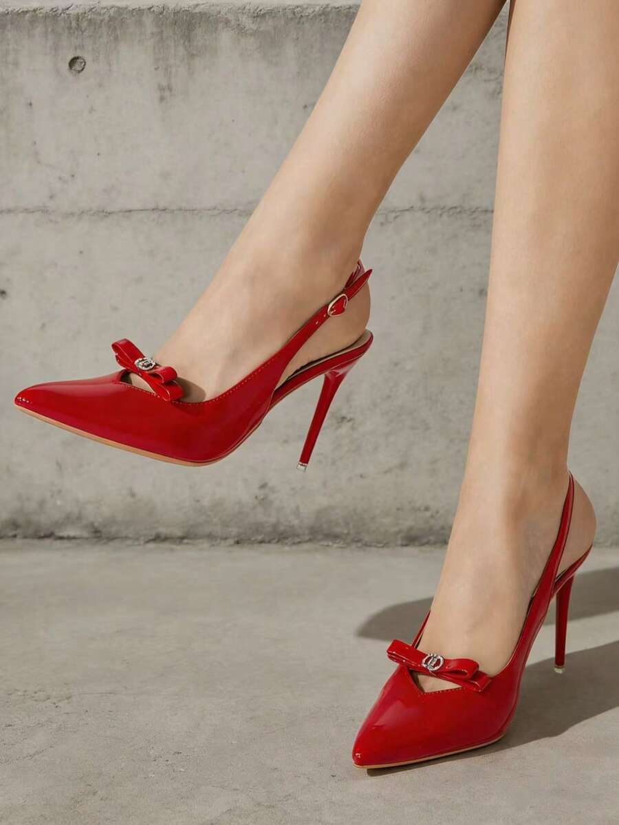 French Style Pointed Toe Slip-On Pumps For Women, Bowknot Decor, Sexy High Heel Closed Toe Shoes - Red - View 1