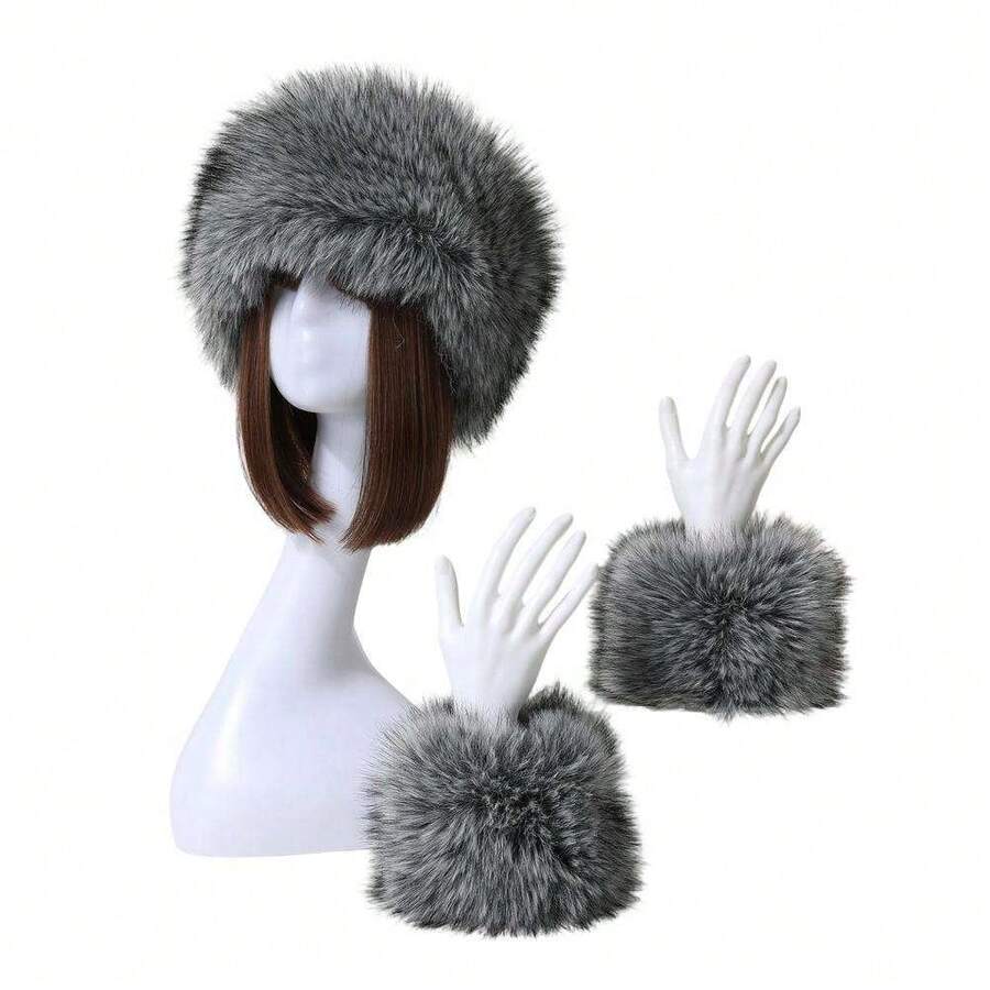 Winter Hat Wrist Warmers Women's Cozy Winter Outfit Accessories Faux Fur Hat Sleeves Set Solid Color Fluffy Hat With Warm Cuffs - 灰色 - 查看 1