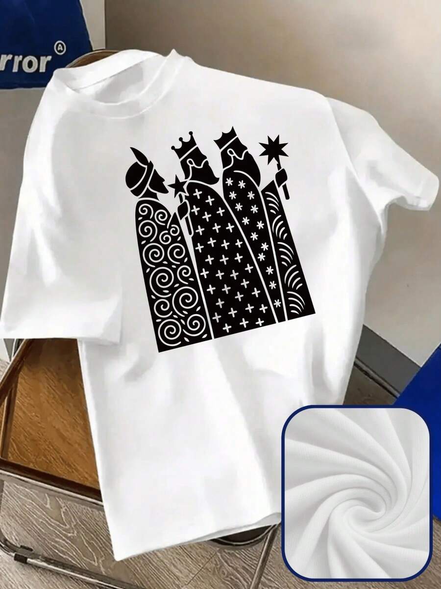 Camiseta de Navidad Blanca y Negra con la Natividad de los Tres Reyes Magos en Camellos con Estrella y Texto "O Santa Noche" - Ropa Religiosa Retro Suave y Transpirable para Fiestas Navideñas, Regalo Adecuado para Navidad, Representaciones de la Natividad, Eventos Eclesiásticos para Hombres y Mujeres - Blanco - Ver 1