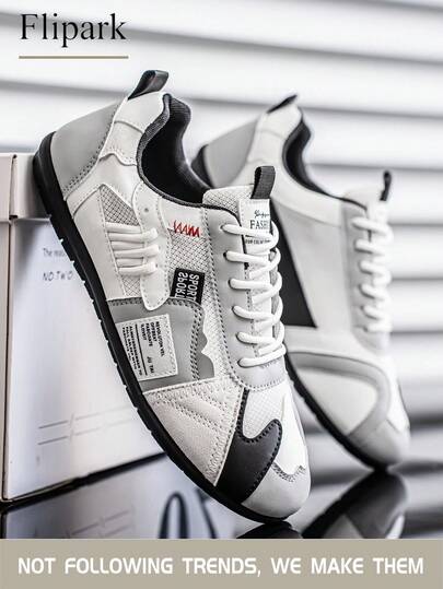 Flipark 1 双男士休闲透气运动鞋，Label Decor 灰白黑撞色网布+皮革拼接，轻便防滑低帮日常通勤运动鞋