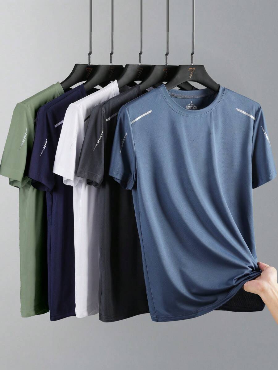 5件/套 男士速干跑步T恤，透气徒步钓鱼T恤，柔软弹力户外运动短袖衫，夏季 - 彩色 - 查看 1