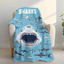 1pc Ultra-Soft Flannel Shark Diversity Chart Throw Blanket – Vintage Style, Light Blue With Realistic Shark Illustrations, Home, Office, Or Travel – Cozy All-Season Comfor - Multicolor - View 5