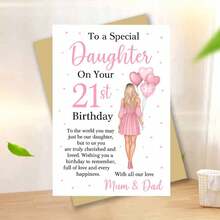 "1pc Heartfelt 'To A Special Daughter On Your 21st Birthday' Greeting Card With Envelope (11cm16cm&4.33in6.29in) - Pink Dress & Heart Balloon Design, Perfect For A Daughter's 21st Milestone, Greeting Card|Daughter 21st Birthday Mum & Dad Love Card|Paper Greeting Card" - Multicolor - View 5