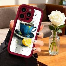 Cubierta de telefono con borde negro y diseño de taza azul con limon y salpicaduras de pintura para iPhone 14 Pro Max estilo artistico elegante para uso diario y trabajo - Café integral - Ver 5