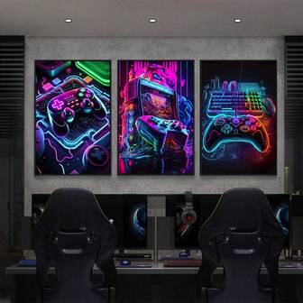 3-delad poster med spelutrustning, estetisk väggkonst med neonteknik, konsttryck med arkadmaskiner, kanvastavla med RGB-belysning, väggdekor med futuristisk design, konstposter med kontroll, konstverk, heminredning, rumsestetik, posters, present till vänner, med ram