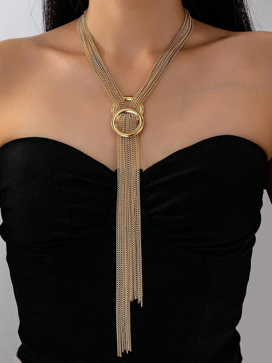 1件优雅双环吊坠多层链项链，适合女性在派对和聚会上佩戴。 - 金色 - 查看 1