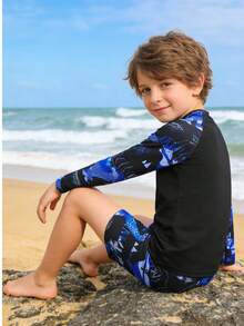 2pcs/Set Fashionable & Cute Summer Casual Vacation Boys Swimwear, Contrast Dinosaur Print, Stretchy & Quick-Dry, Suitable For Surfing, Beach Activities, Beach Parties, Swimming Pools, Surfing, Vacation And Travel - Black - View 3
