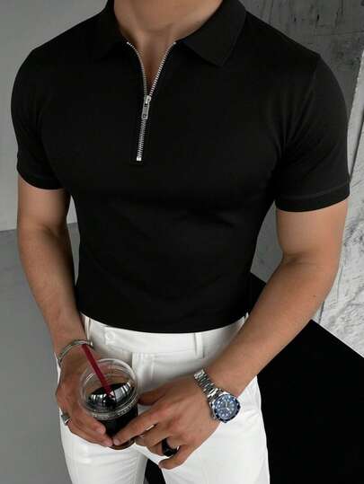 Áo thun nam tay ngắn có khóa kéo màu trơn, thời trang mùa hè