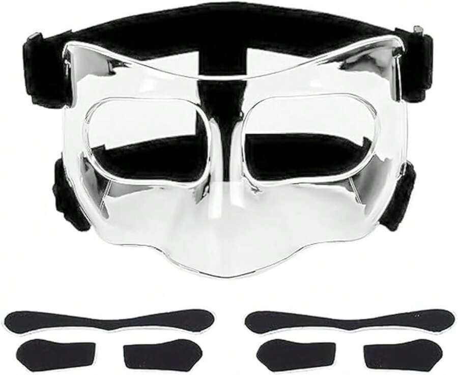 zhds Careta Protectora Facial Deportes, Protector Facial Transpirable Nariz y Cara, Ajustable Protector de Nariz para Deportes, Máscara de Baloncesto, Softball, con Amortiguadores - transparente - Ver 1