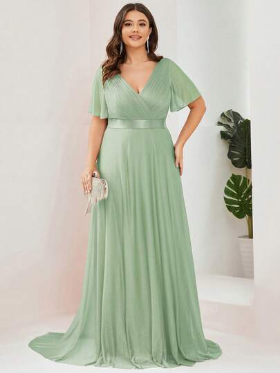 Plus Size Elegant Short Sleeve V-Neck Long Tail Summer Dress, Blue Bridesmaid Gown, Mother Of The Bride Evening Dress