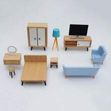 1:12 比例迷你娃娃屋家具配件套装，包括卧室家具（床、梳妆台、梳妆台）、客厅家具（电视、电视柜、沙发）、厨房家具（橱柜、餐桌椅）、浴室家具以及娃娃屋玩具套装的装饰配件。 - 彩色 - 查看 9