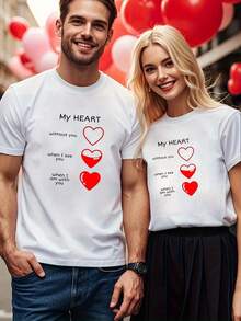 Matching Couple T-Shirts For Him And Her - Casual Short-Sleeve Top With "My Heart" Pattern, Red And Black Design, Suitable For Valentine's Day Or Christmas Gift, Valentine's T-Shirt, Relationship Clothing, Valentine's Gift, Love Themed Clothing, Breathable - 女款-白色 - 查看 7