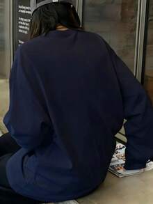 女士百搭纯色蓝色长袖宽松休闲打底T恤，适合学生、日常穿着、通勤等场合，春季必备 - 藏蓝色 - 查看 5