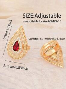 1 件复古奢华红蓝梨形切割方晶锆石宽面女士戒指，镀金镂空指环，适合派对、宴会、婚礼、节日装饰，设计精致的优雅配饰，高贵的珠宝礼物
