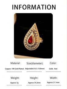 1 peça vintage luxo vermelho azul pêra corte cúbica zircônia anel largo feminino, banhado a ouro anel de dedo vazado, perfeito para festa, banquete, casamento, decoração de festivais, acessório elegante com design delicado, presentes de joias nobres