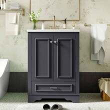 24'' Bathroom Vanity With Ceramic Sink Combo, Modern Freestanding Storage Cabinet With Silver Handles, Soft Closing Doors - Blue Gray + CeramicSolid WoodMDF + Modern + Bathroom - View 3