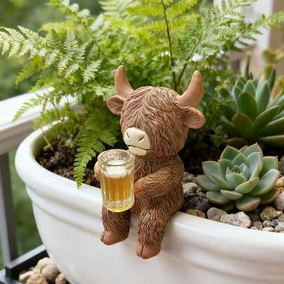 Whimsical Highland Cow Resin Home Decor With Drink Cup, Vibrant Colored Durable Indoor/Outdoor Decoration For Planter, Garden, Aquarium, Home And Office, Highland Cow Figurine