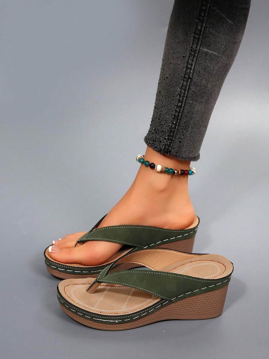 Women's Comfortable Platform Flip Flops, Simple Thong Sandals, Suitable For Casual, Outdoor, Vacation, Beach Wear In Summer,Wedge Sandals - Army Green - View 1