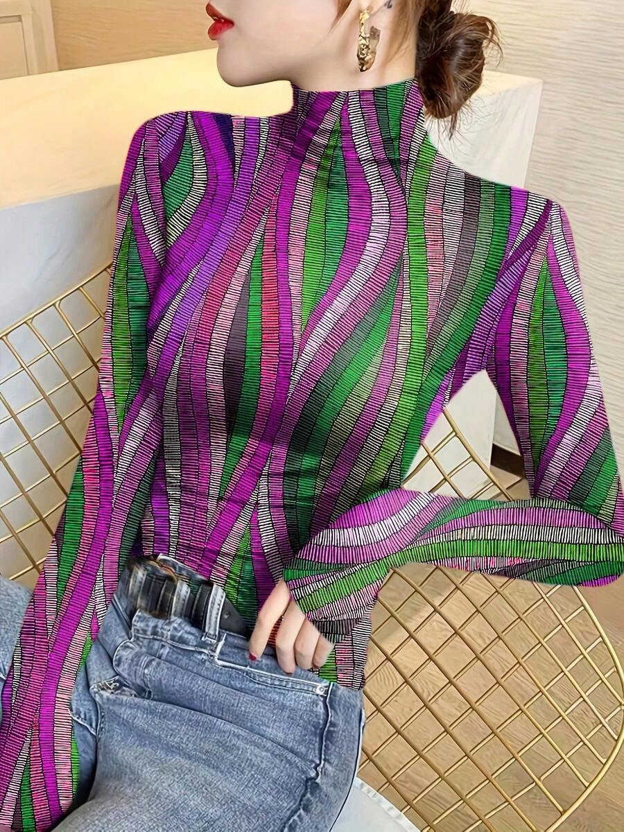 Áo thun dài tay in họa tiết dành cho nữ, kiểu dáng ôm sát, cổ lọ, thích hợp mặc nhiều lớp, mùa Xuân/Thu 2024. - Nhiều màu - Xem 1