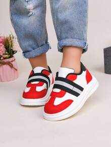 1 Pair New Fashion Easy Slip-On Toddler Kids Sports Shoes, Classic Versatile Flat Casual Sneakers For Boys And Girls, Lightweight Outdoor Running Shoes, All Season - Red and White - View 4