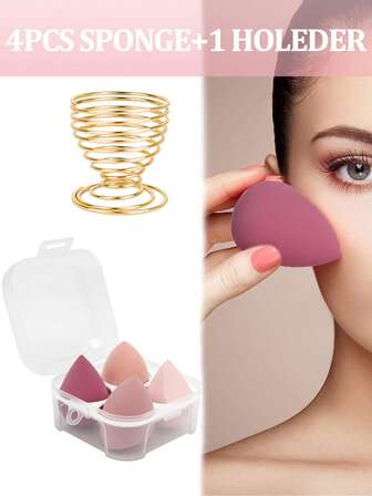 Set de esponjas de maquillaje con estuche de almacenamiento, equipado con 1 soporte, esponjas de maquillaje suaves para aplicadores faciales (Rosa, 4 piezas + 1 soporte + estuche)