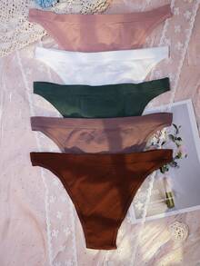 5pcs/Pack Plus Size Women's Sexy Panties, Basic Solid Color Comfortable Knitted Low Waist Soft Thong, Suitable For All Seasons And Daily Wear - Multicolor - View 4