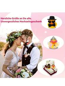 两件套优雅婚礼鸭情侣套装 - 新郎新娘戴着头纱，佩戴心形眼镜，配有表情生动、会发出吱吱声的橡胶鸭 - 适用于婚礼装饰、周年纪念、情人节、新娘送礼会 - 趣味婚礼回礼、婚礼派对装饰 - 耐用PVC材质 - 完美的结婚礼物 - 可用于婚礼拱门、餐桌中心装饰或纪念品展示 - 可爱的婚礼鸭套装 - 彩色 - 查看 10