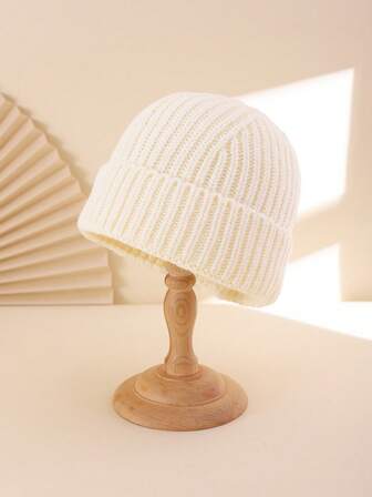 1 Peça Gorro Grosso Dobrado Bege Feminino, Moda Versátil para Uso Casual, Compras, Encontros no Outono/Inverno