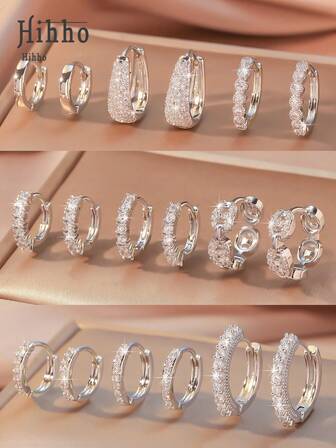 Hihho Set de 6 piezas de aretes de lujo con zirconia, con diseños de gota, cadena de rhinestone y patchwork geométrico, minimalista pero sofisticado, adecuado para el trabajo, el transporte y ocasiones sociales ligeras