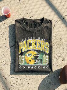 Green Bay Football Helmet Graphic Tee Acid Washed Shirt Unisex Couple Matching Boyfriend Style Retro Game Day 1919 Aesthetic Sports Fan Gear Distressed Cotton Graphic Tees Men Oversized T Shirt Summer Clothes Men Fall Clothes Men Winter Clothes Camisetas Para Hombre - 黑色 - 查看 2