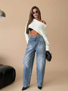 SQUALO 女式蓝色水洗、破洞、做旧效果牛仔裤 街头风格 - 寶藍色 - 查看 5