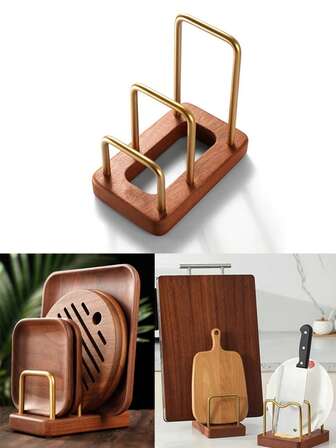 Solid Wood & Stainless Steel Kitchen Storage Rack - Cutting Board Holder, Dish Organizer, And Book Display Stand