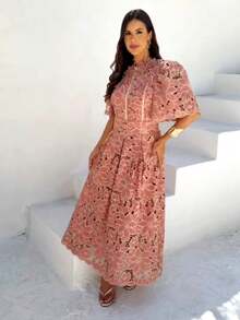 Midi Dress In Embroidered Richelieu Lace – Elegant And Modest | Sizes M To L - Màu hồng gỉ - Xem 1