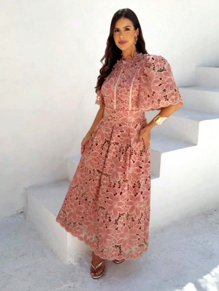 Midi Dress In Embroidered Richelieu Lace – Elegant And Modest | Sizes M To L - Màu hồng gỉ - Xem 1