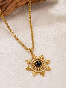 不锈钢镀18K金太阳几何项链，水钻和人造黑色宝石吊坠，复古金属风格女士项链 - 金黃色 - 查看 2