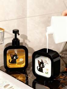 1pc Cute Black Cat And Floral Pattern Soap Dispenser Bottle - Reusable Press-Type Dispenser Bottle, Suitable For Dish Soap, Hand Soap, Lotion, Etc., Compact For Kitchen And Bathroom, Ideal Gift For Cat Lovers And Spring Decor - Made Of Plastic Material, Fun Design, Convenient Press-Type Use - Multicolor - View 4