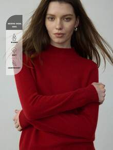 Áo len cổ lọ màu trơn 100% len Merino, Áo chui đầu ấm áp cho nữ, Mùa đông cơ bản, Thích hợp cho Giáng sinh, Lễ tạ ơn, Năm mới - Màu Đỏ Sâu - Xem 3