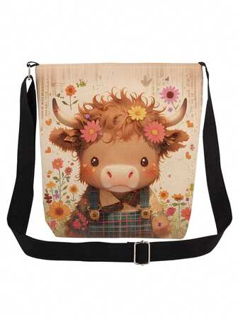 Bolso bandolera con estilo vintage de setas en un bosque curativo, bolso de hombro reutilizable unisex, bolso de mensajero casual, bolso de almacenamiento con estampado de setas de dibujos animados en marrón cálido, correa ajustable, regalo de fiesta, regalo para amantes de las setas, regalo para amantes de las vacas de las tierras altas