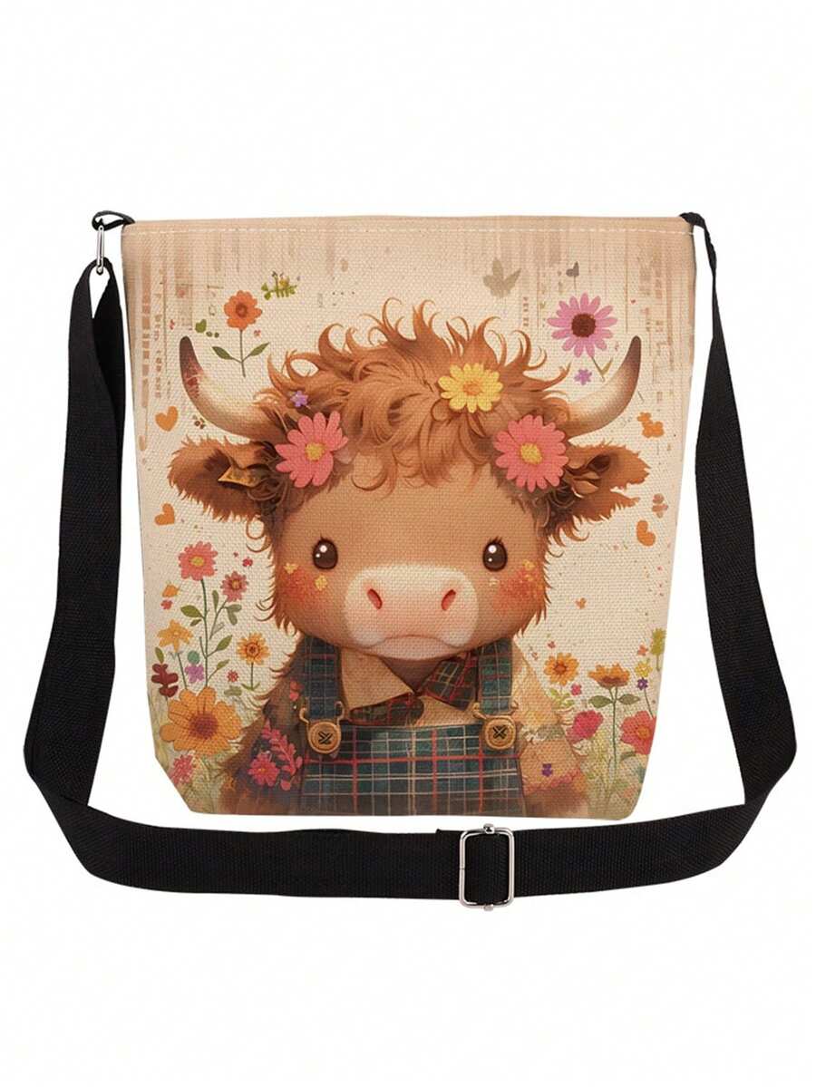Retro Cute Floral & Highland Cow Pattern Crossbody Bag, Unisex Reusable Shoulder Bag, Fashion Casual Messenger Bag, Cartoon Soft Floral Wreath Highland Cow Print Storage Bag, Adjustable Strap Daily Wear Gift For Highland Cow Lovers