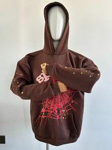 Men's Hip Hop Oversized Spider Web Pattern Graphic Alphabet Print Harajuku Vintage Hoodie Long Sleeve Street Wear Top For Both Men And Women Big Size Hoodies - 棕色 - 查看 2