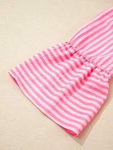 Acelitt 女士优雅宽松迷你连衣裙，层叠荷叶边撞色条纹喇叭袖，春秋季 - 粉色 - 查看 9